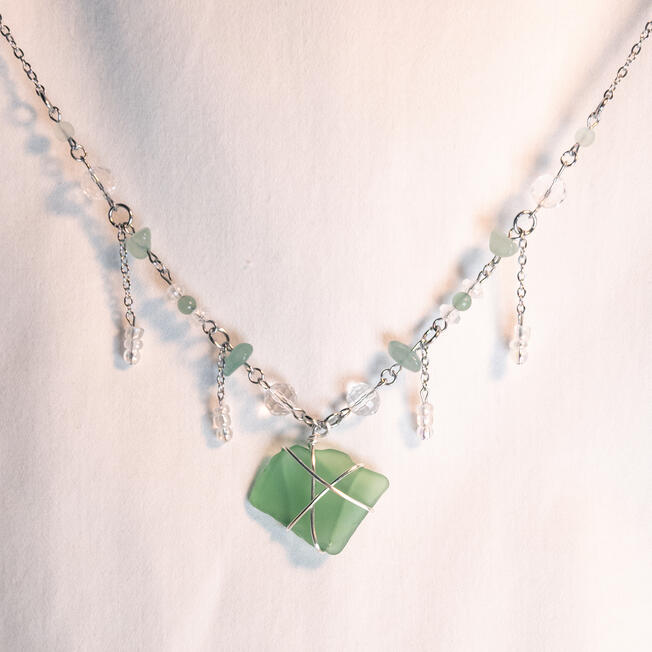 green and clear sea glass necklace